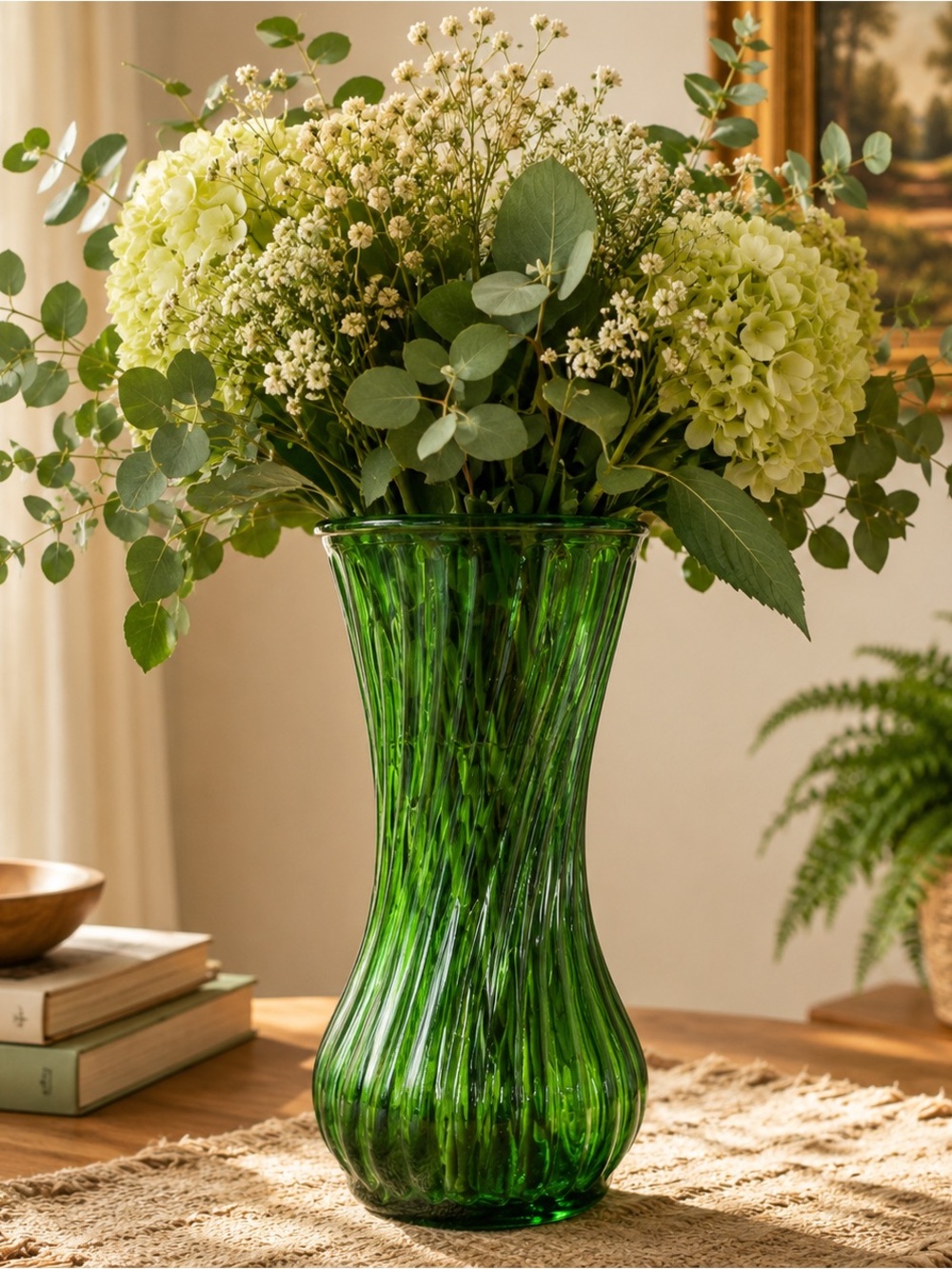 Vintage Hoosier GlassGreen Ribbed Vase | Mid-Century Art Glass | 9.5” Tall | USA
